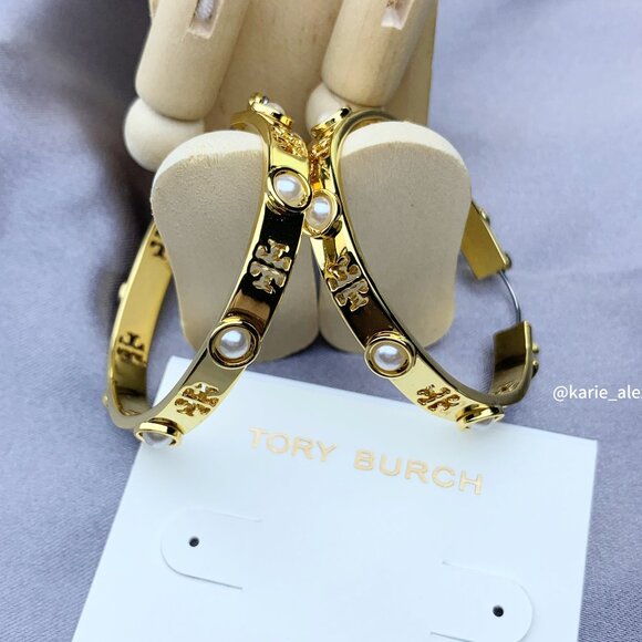 Tory Burch Pierced Pearl Hoop Earrings - GOLD with Dust Bag - Picture 1 of 4